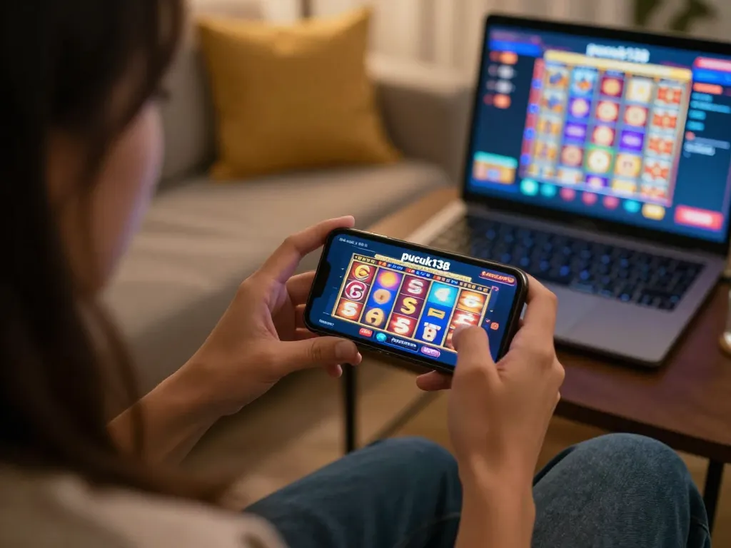 Engaging in online slot gameplay with pucuk138 app in cozy home setting.