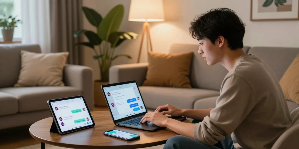 Engaging in AI sex chat on a laptop in a cozy modern living room.