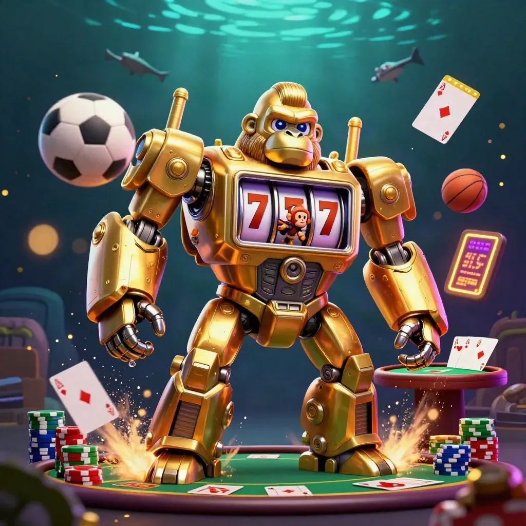 Golden gorilla mech, monkey pilot, poker chips, cards and sports balls in luxe casino splash art.