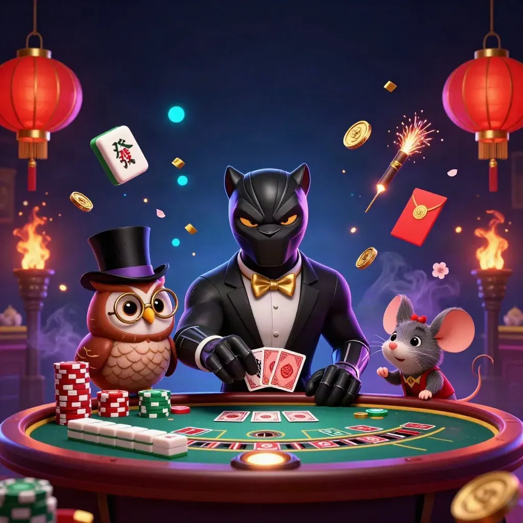 Panther, owl and mouse in a luxe casino splash scene with gold, jade and purple glow.