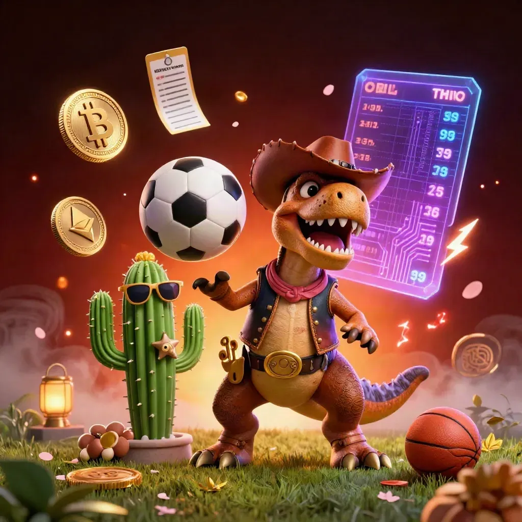 Ground-level cowboy T-Rex, cactus and roadrunner amid frozen soccer ball, coins, and casino sparks.