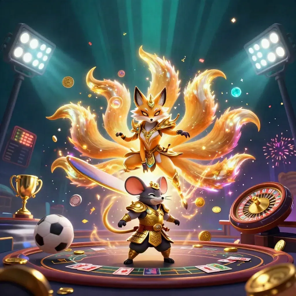 Fox spirit and golden mouse amid casino sports energy, roulette wheel, trophy, coins, and deep-sea light.