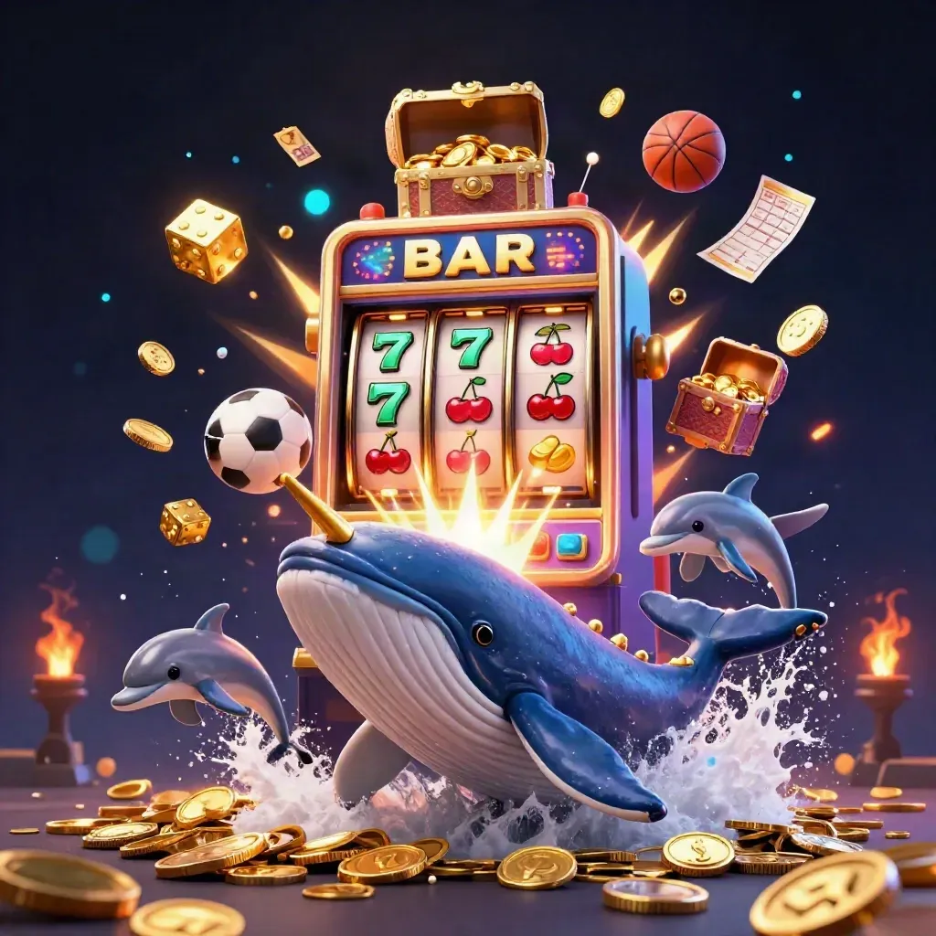 Whale captain, narwhal and dolphins burst through coins with casino symbols and glowing slot machine.