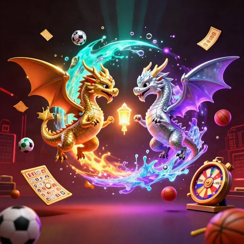Gold and silver dragons swirl over casino icons in a neon dark fantasy sky.