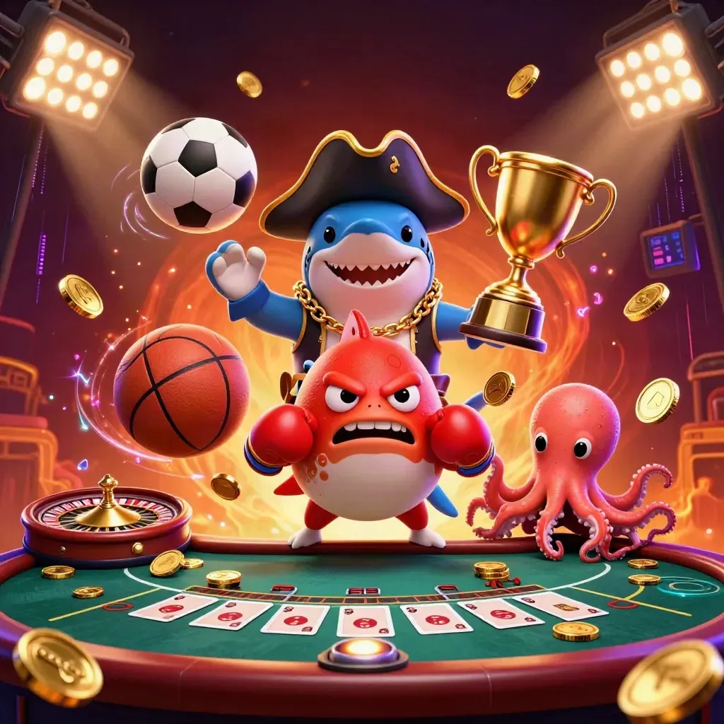 3D pirate shark, boxing pufferfish, baby octopus amid casino lights, coins and sports gear