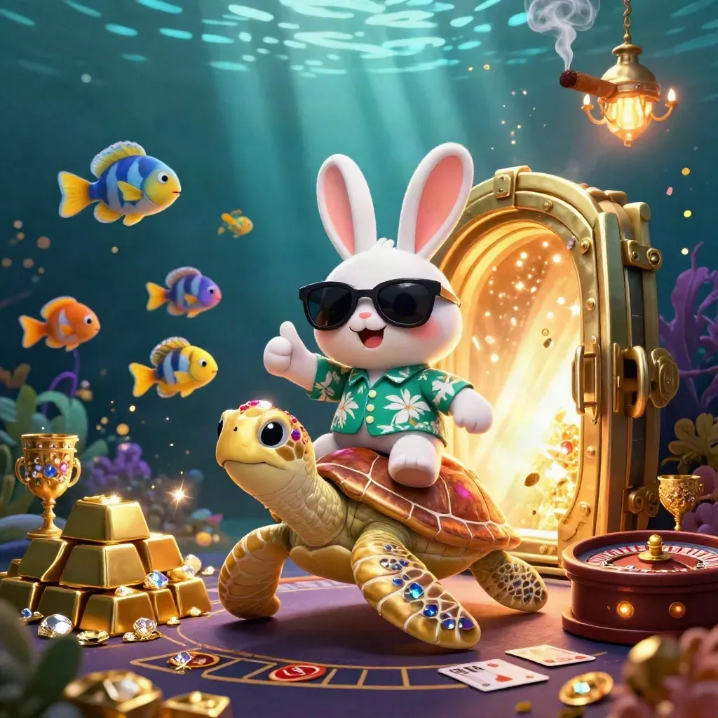 Lucky rabbit on a golden sea turtle in a glowing underwater casino with treasure, gems and roulette.