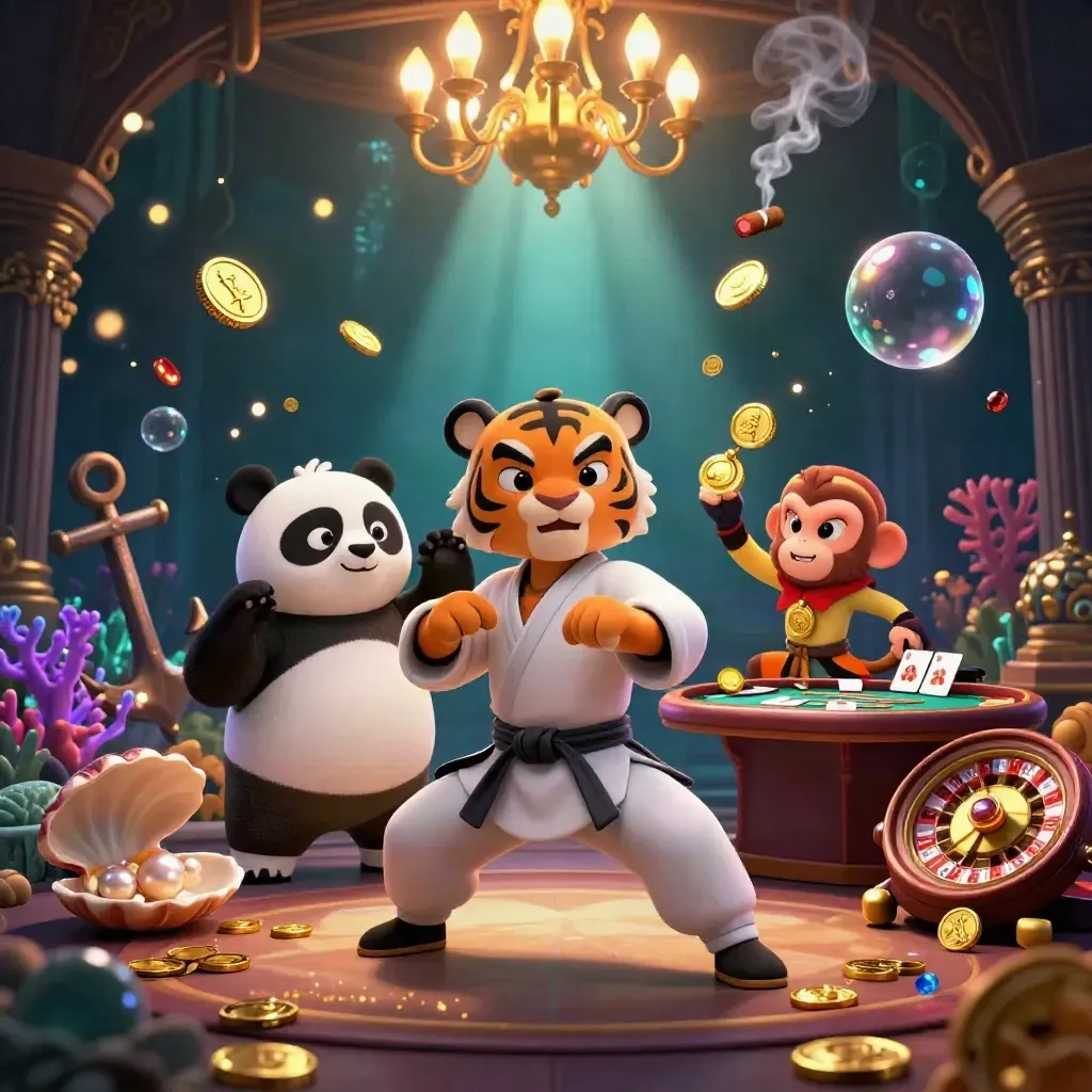 Tiger, panda, and monkey in an underwater casino scene with gold, coral, and roulette glow.