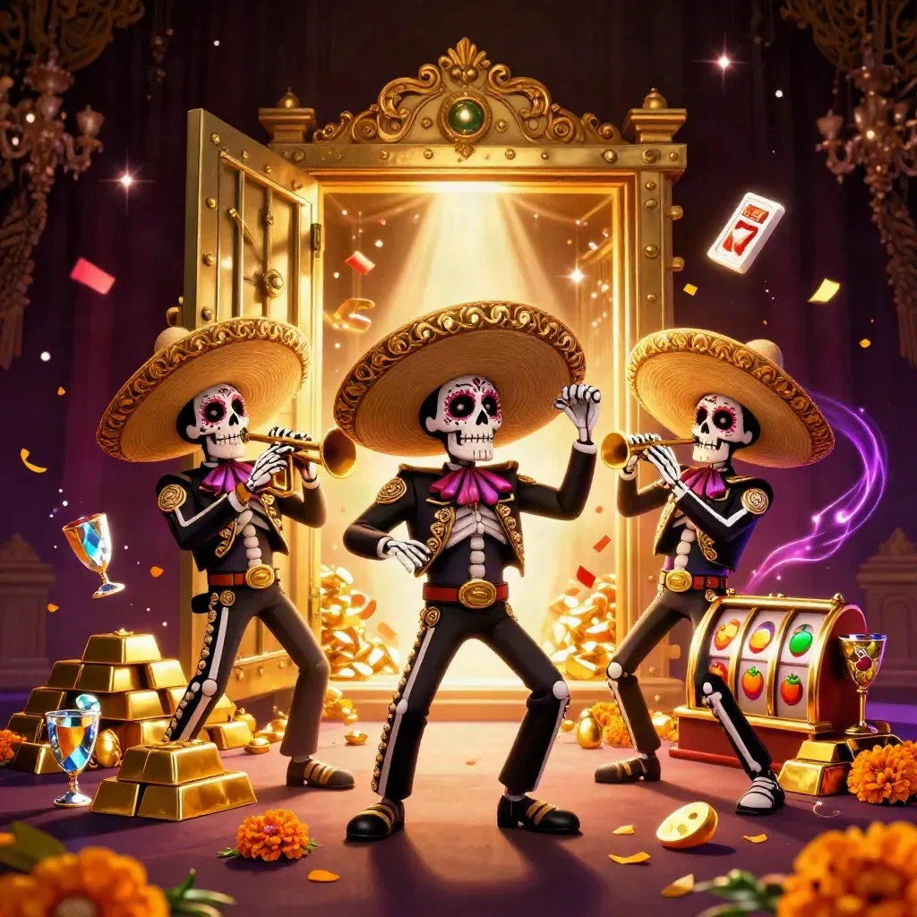 Skeleton mariachi trio erupts from a gold vault with gems, confetti, and fireworks.