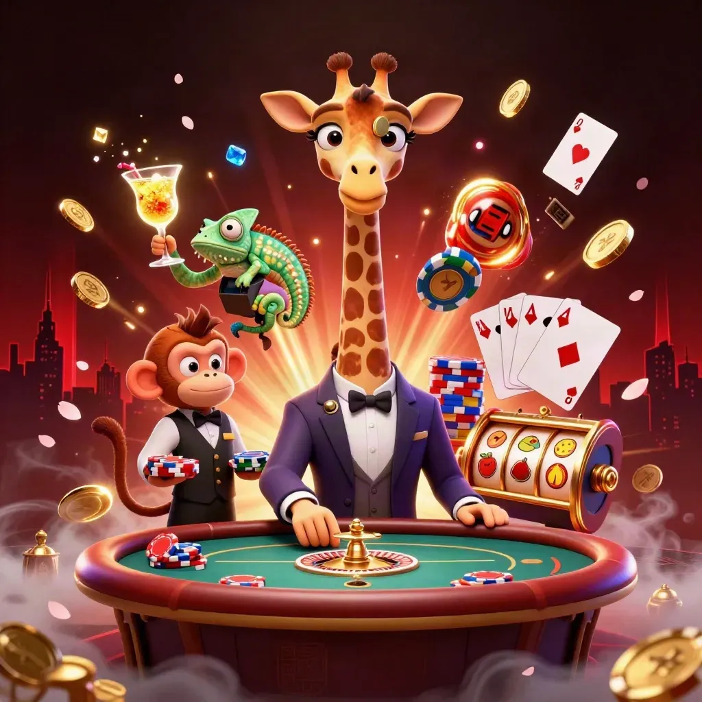Luxury casino cartoon: giraffe, monkey valet and chameleon bartender amid coins, chips and roulette.