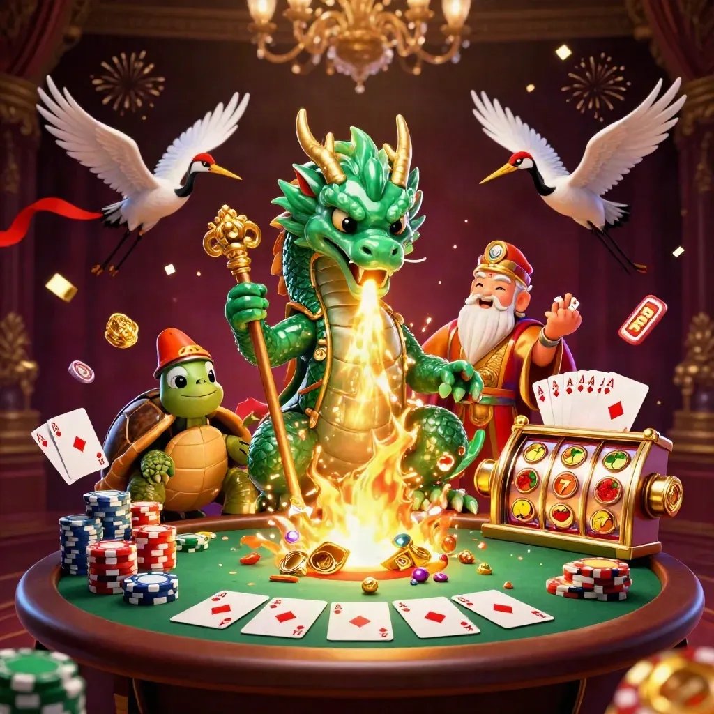 Emerald dragon, turtle sage, and cranes amid casino chips, cards, and gold fire