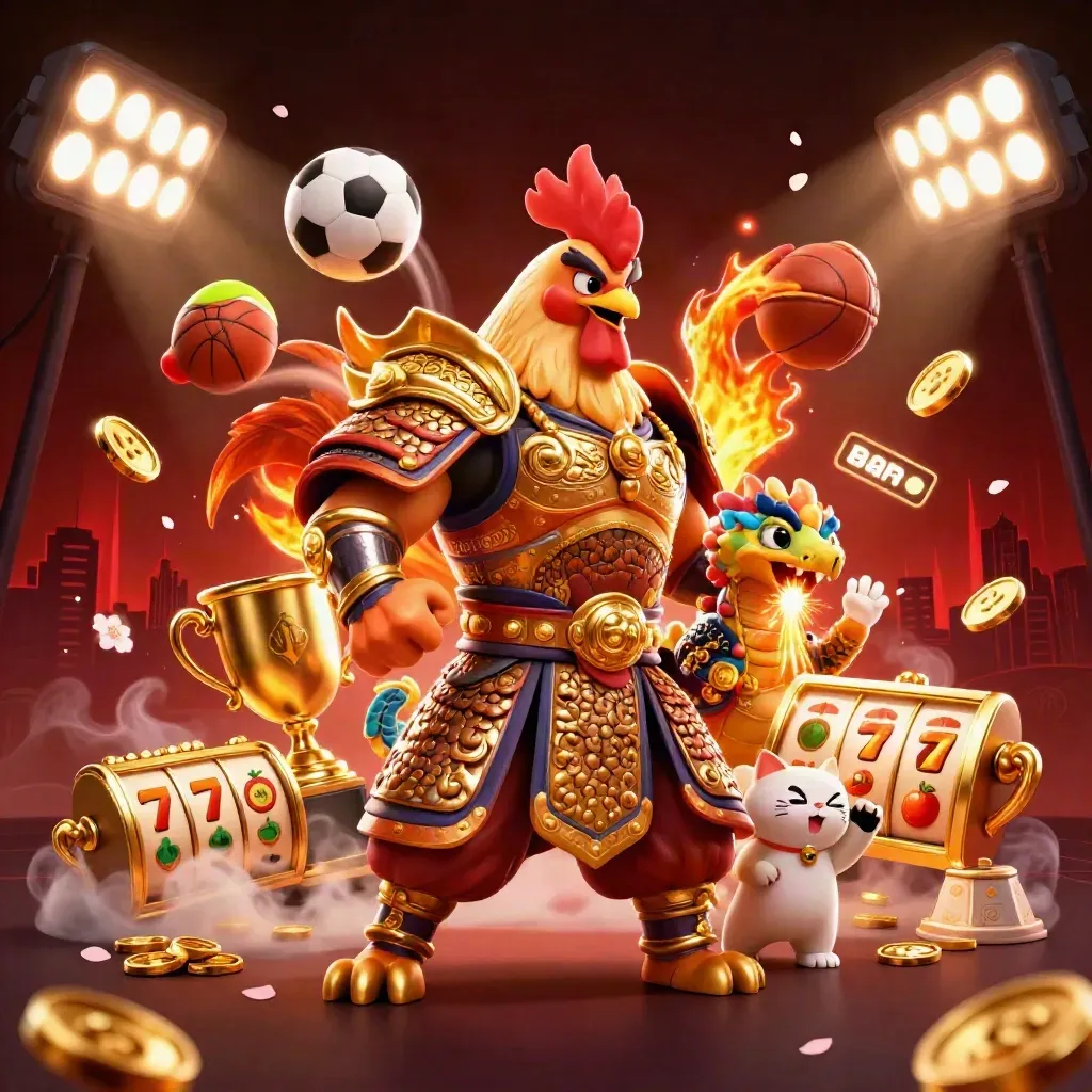 Rooster warrior, dragon hatchling, and fortune-cat amid casino loot, sports balls, and gold sparks