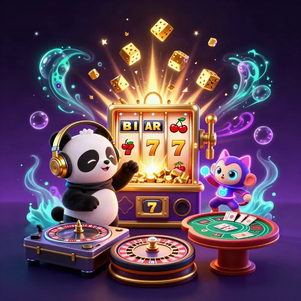 DJ panda, monkey, and glow-stick kitten amid jackpot bursts, gold coins, and neon casino props
