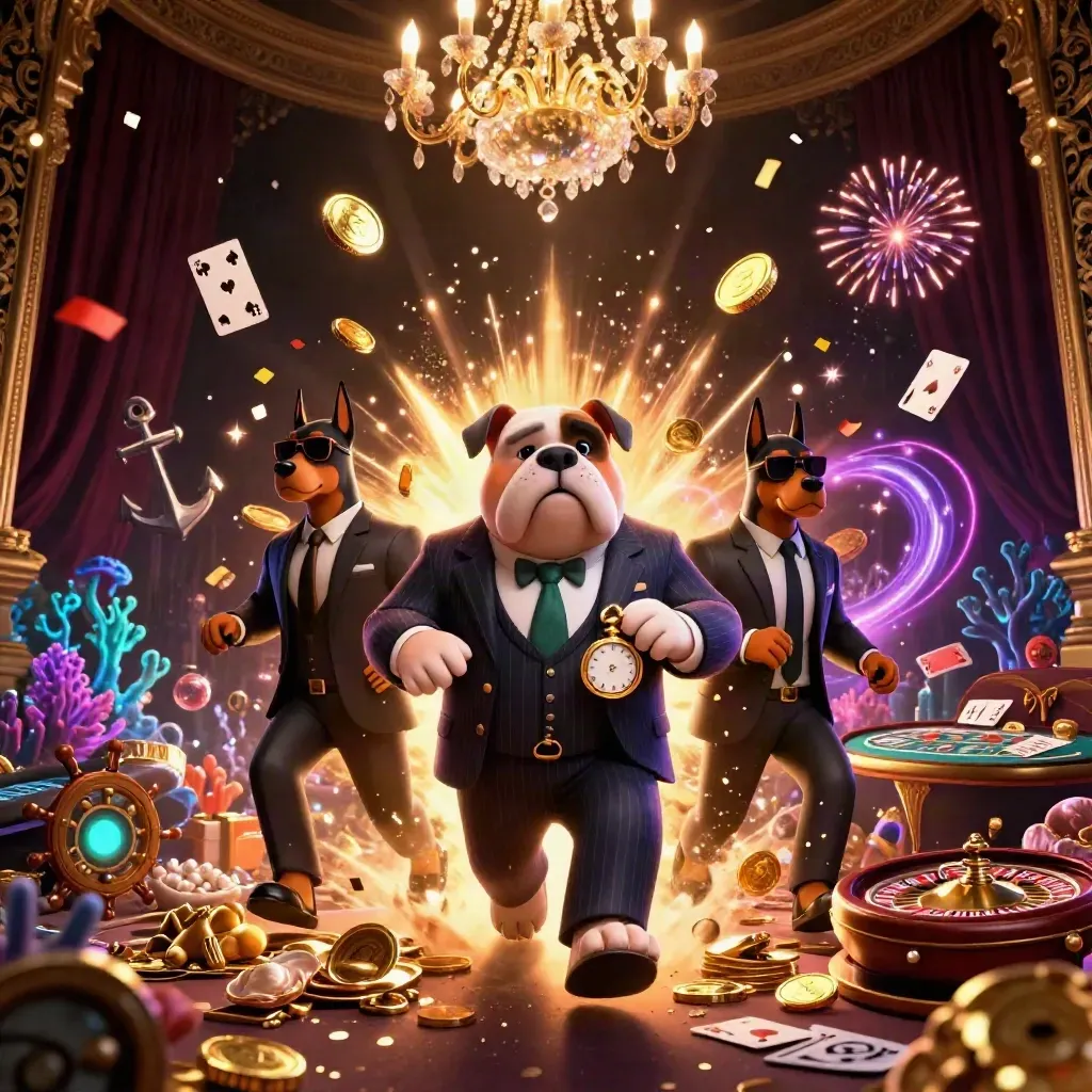 Bulldog mob boss and two Dobermans amid coin showers, treasure, roulette, cards, fireworks
