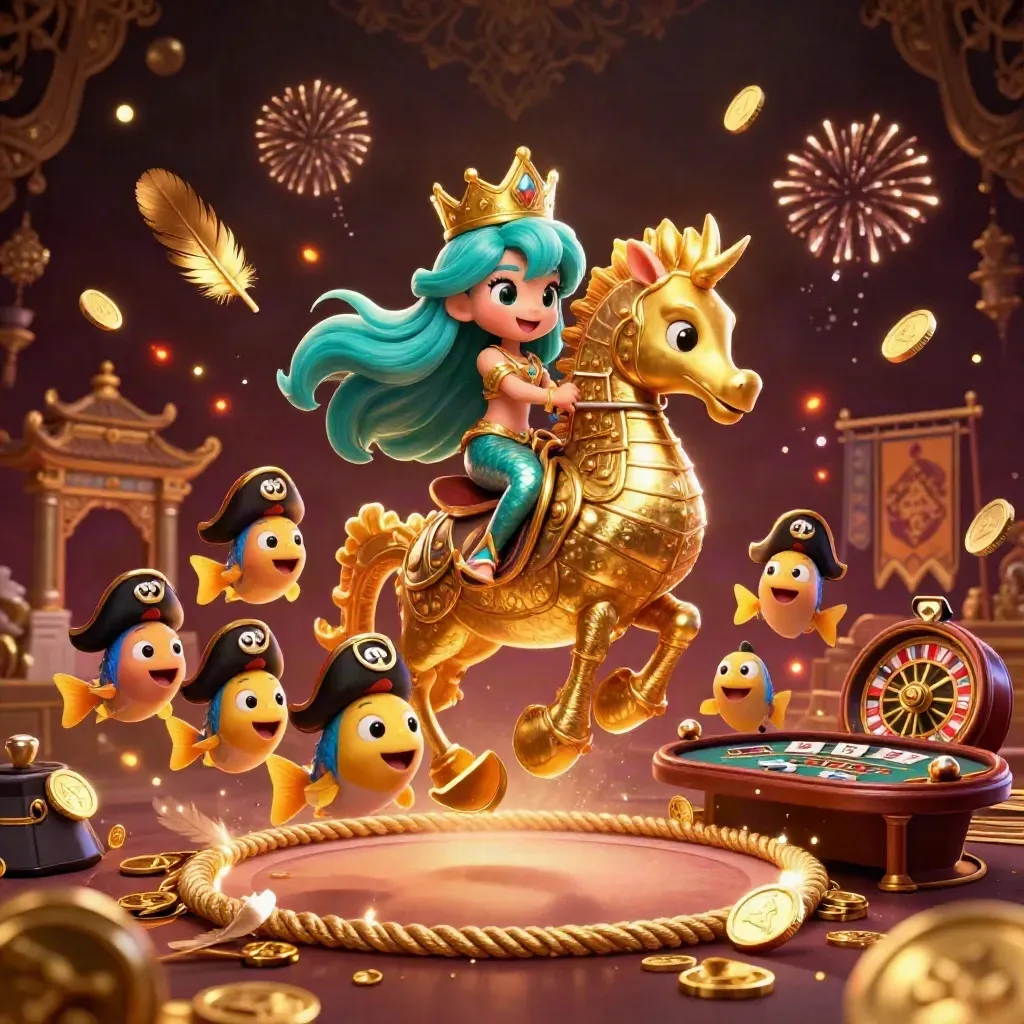 Mermaid princess on armored seahorse amid coins, roulette, cards, temple gate, and fireworks.