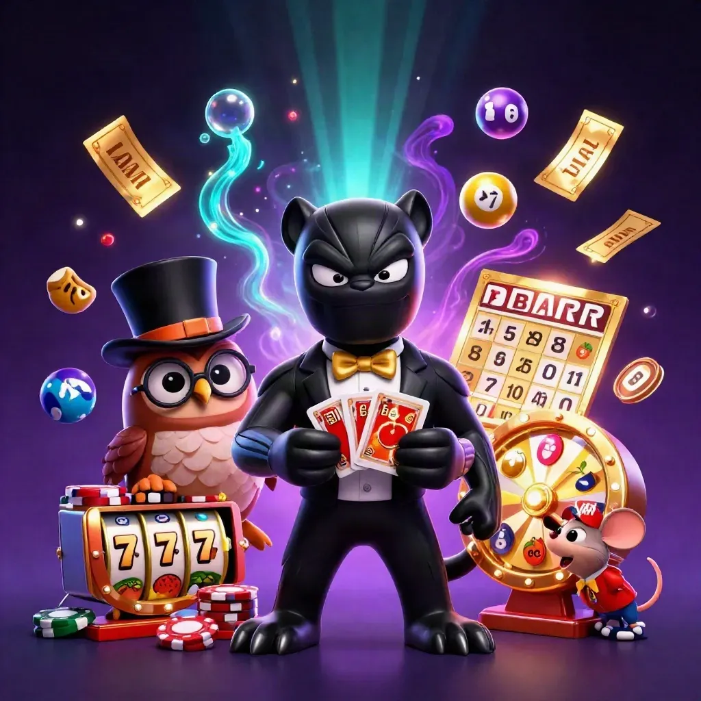 Black panther, owl and mouse casino heroes amid reels, chips, prize wheel and glowing gold loot.
