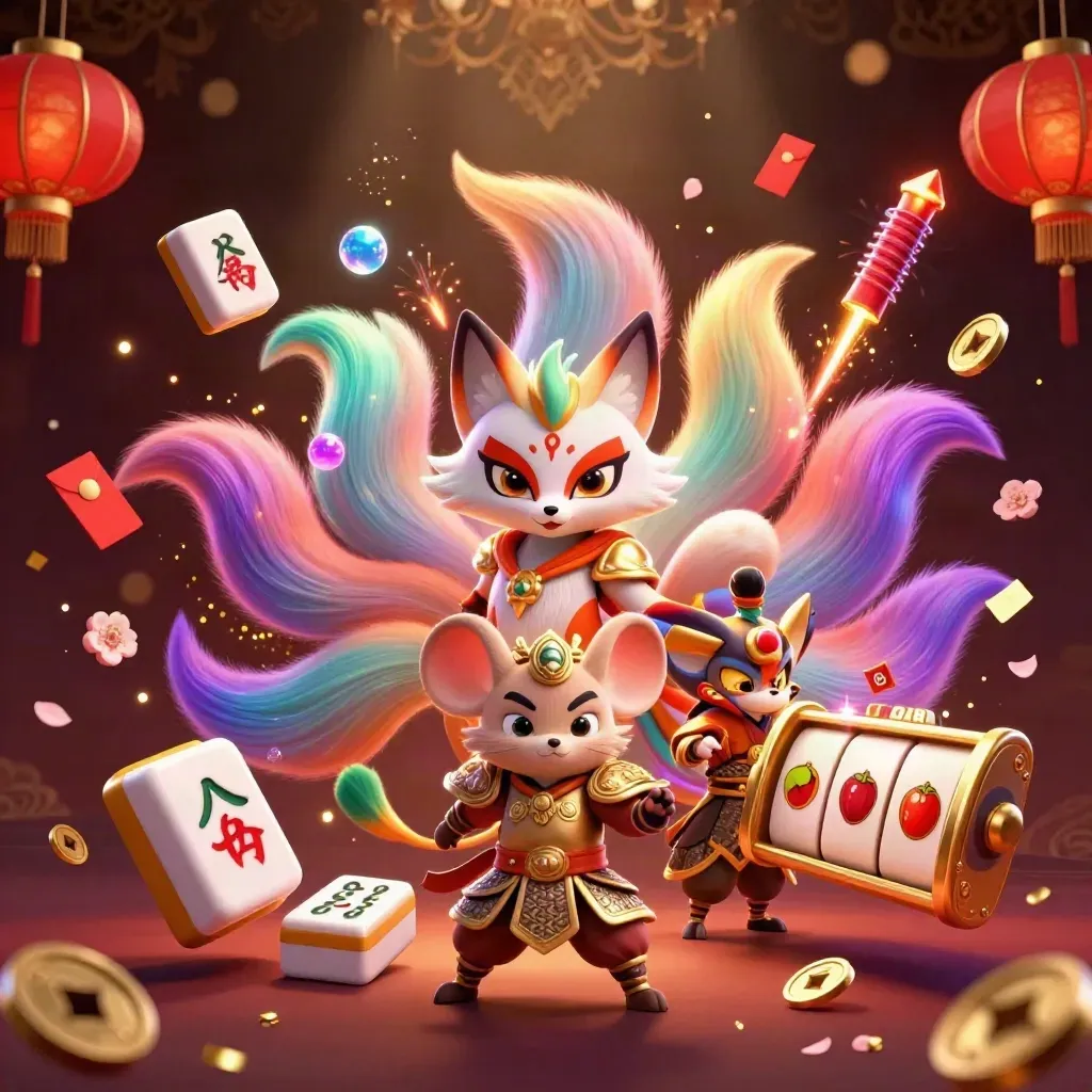 Nine-tailed fox spirit and samurai mouse amid casino charms, gold, and neon lights.