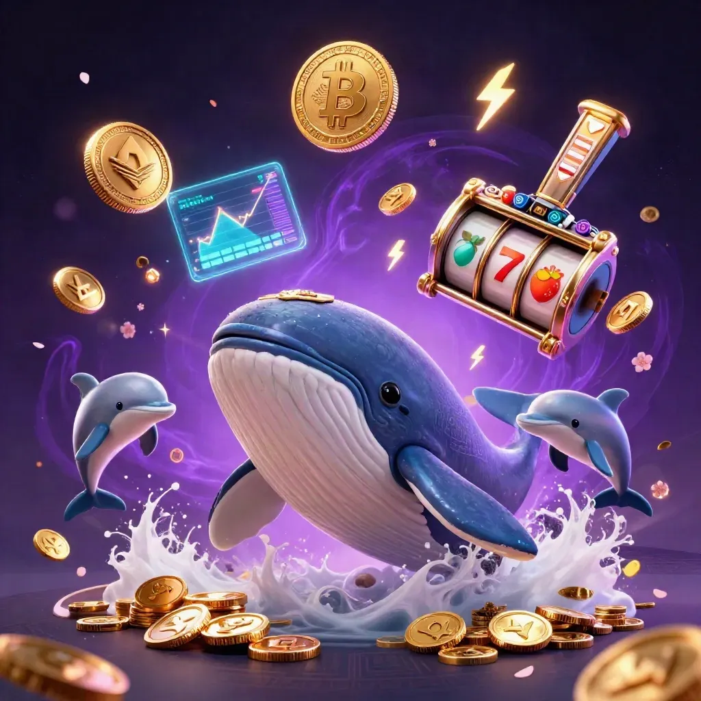 Whale captain, narwhal, and dolphins bursting from coins amid neon casino effects.