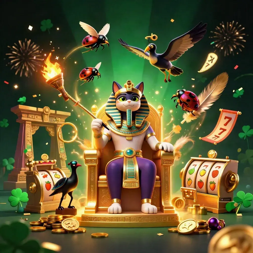 Pharaoh cat, ibis scribe, and jeweled scarabs amid neon casino magic and gold sparks