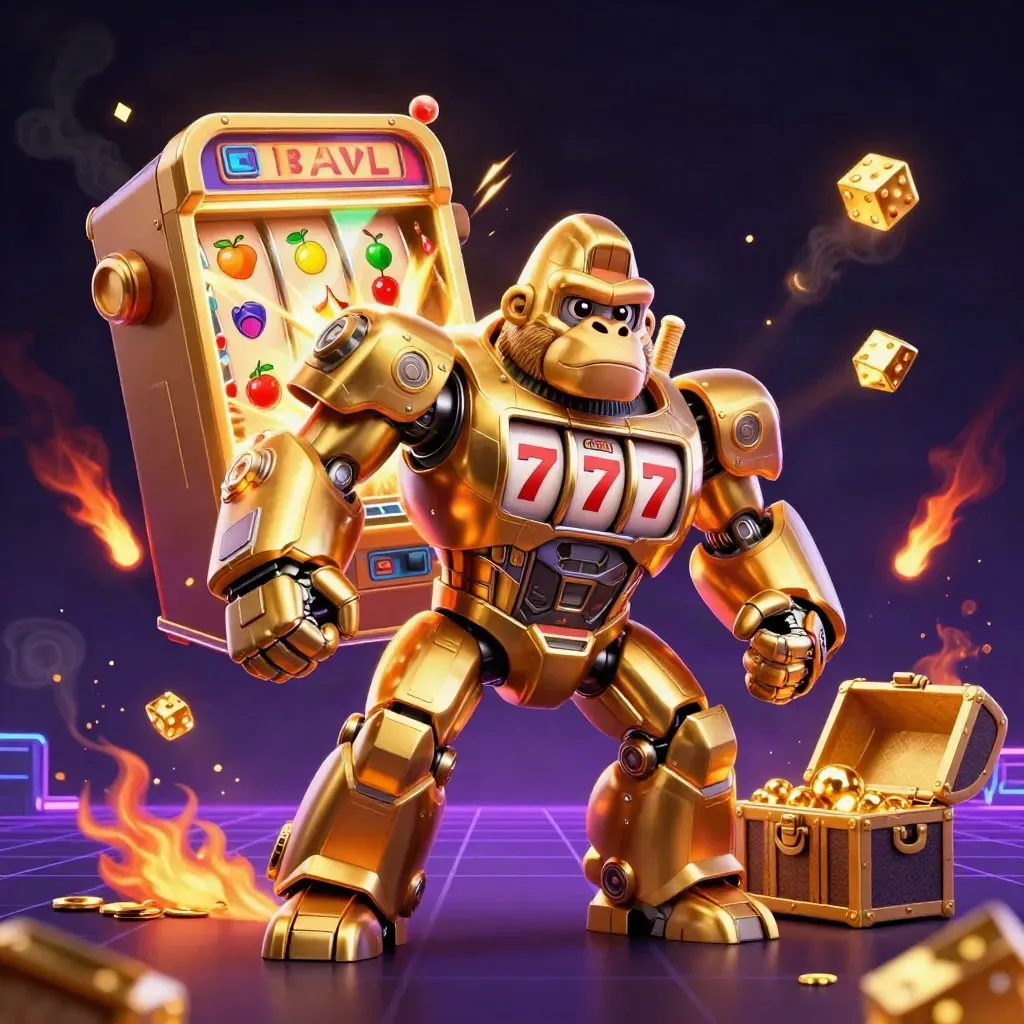 Golden gorilla slot-mech with monkey pilot, jackpot burst, neon casino glow, dark indigo background.