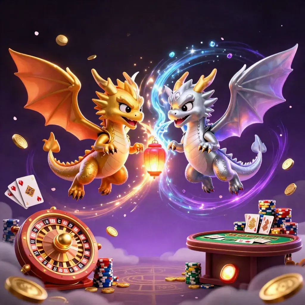 Twin gold and silver dragons with coins, cards, chips and a spinning roulette wheel in luxe glow.