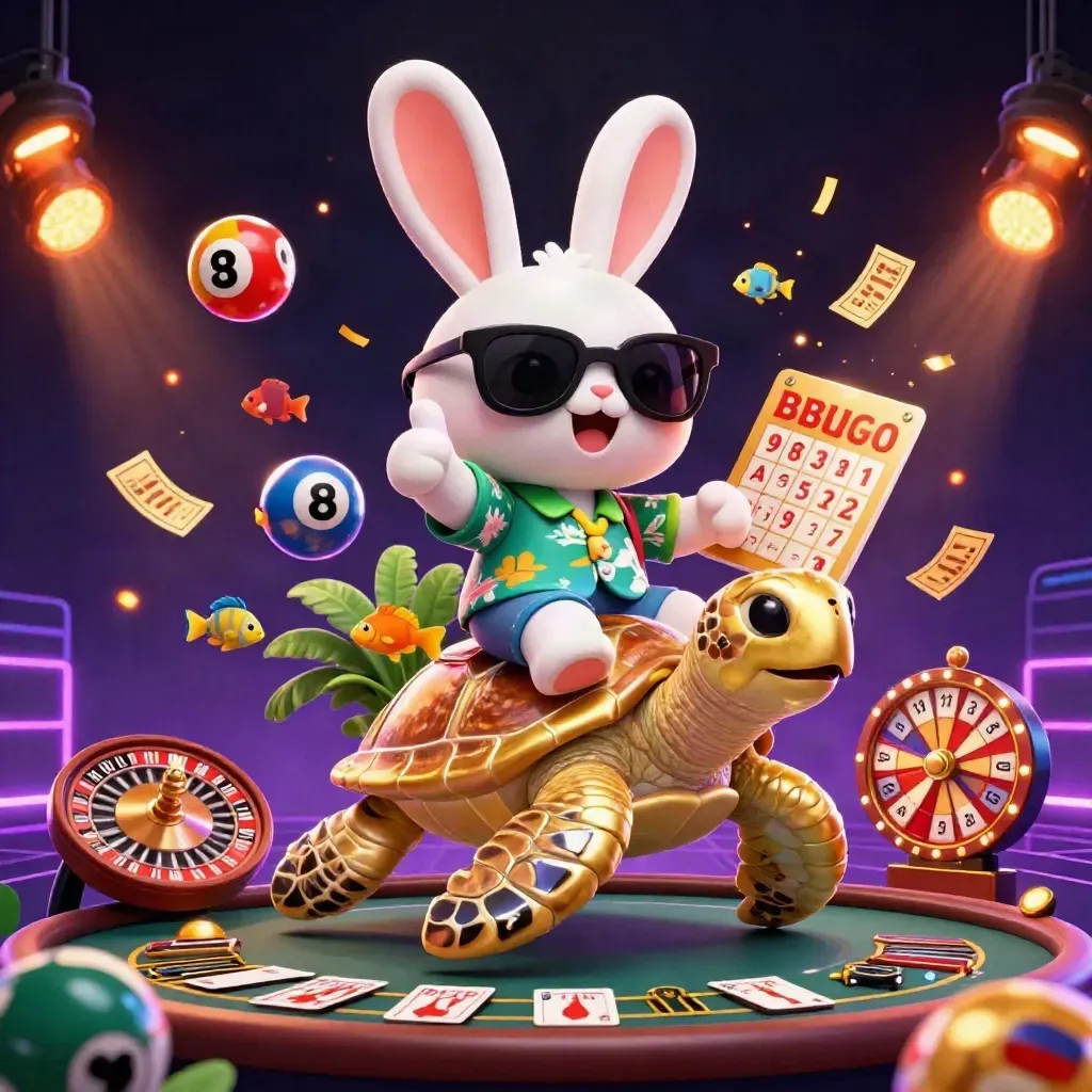 Lucky rabbit rides a golden turtle amid casino rewards, neon sparks and spinning reels.