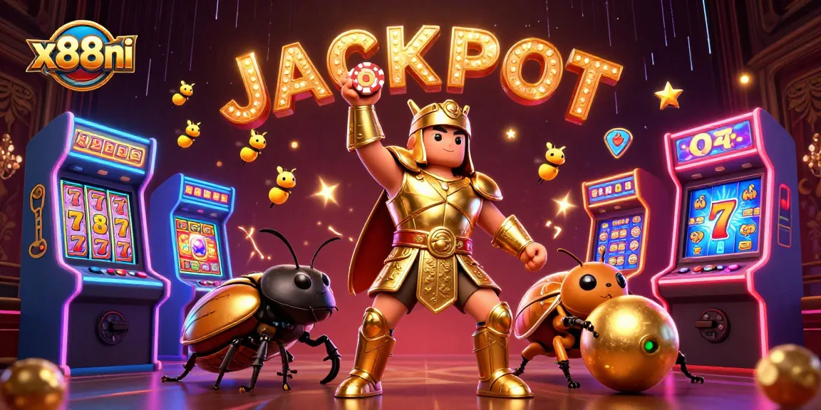 X88ni players celebrate their jackpot win in a vibrant 3D casino scene filled with colorful game machines and poker elements.