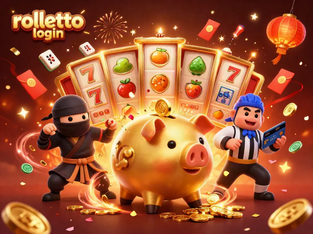 Experience rolletto login with golden piggy bank and vibrant casino elements surrounding it.