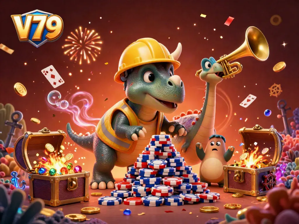 Experience the thrill at V79 Casino with a cartoon triceratops building poker chips amid a vibrant celebration.