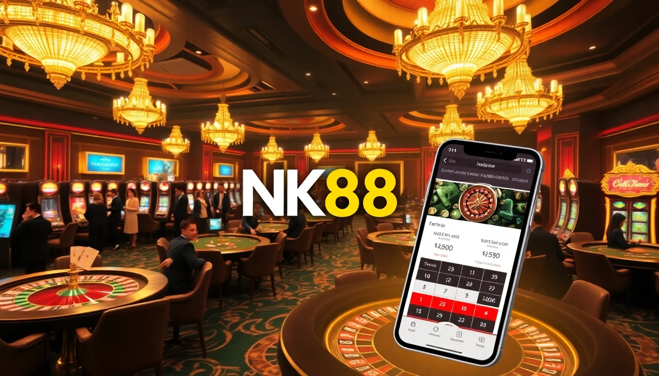 Experience the excitement of NK88 with an elegant casino atmosphere showcasing gaming tables and vibrant slot machines.