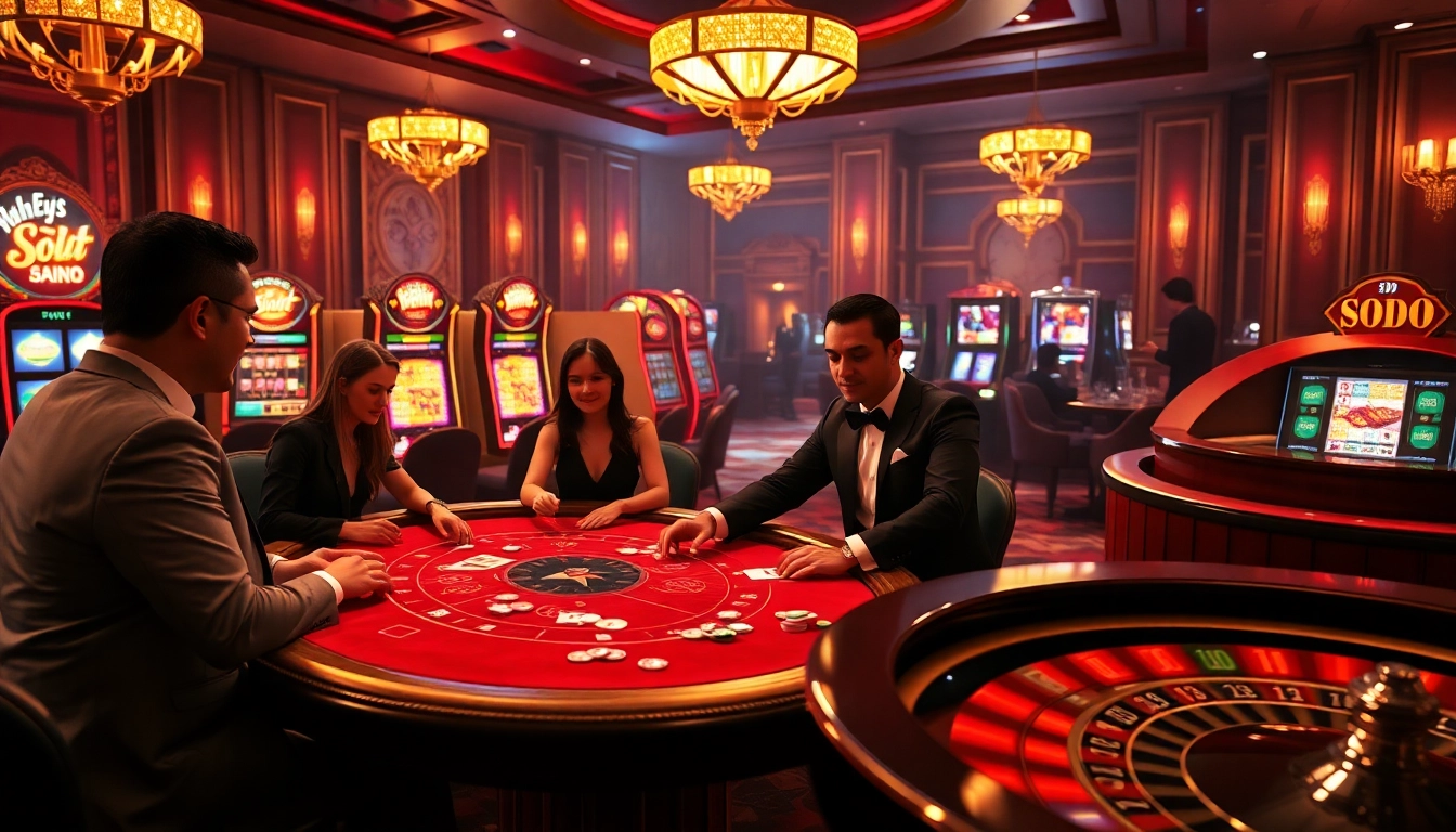 SODO Casino players enjoying blackjack with vibrant lights from slot machines in a luxurious setting.