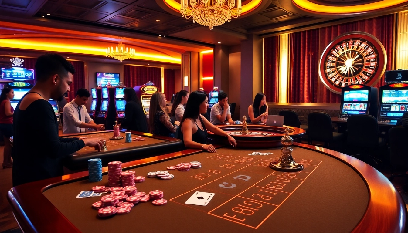 Excited players engaged in high-stakes games at SODO Casino's luxurious tables.