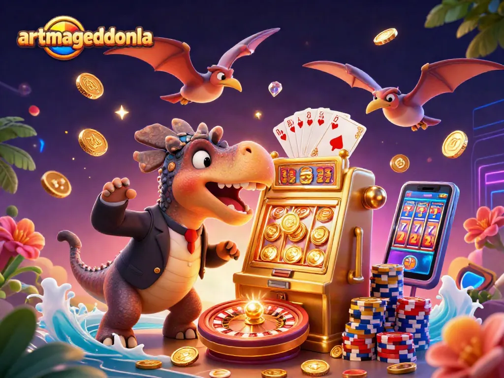 artmageddonla showcases cartoon dinosaurs in a casino setting, triggering a jackpot with golden coins.