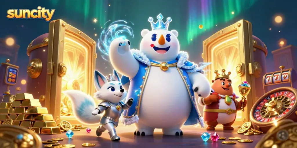 Suncity casino illustration featuring an ice king and snow fox amidst gold treasures and slot machines.