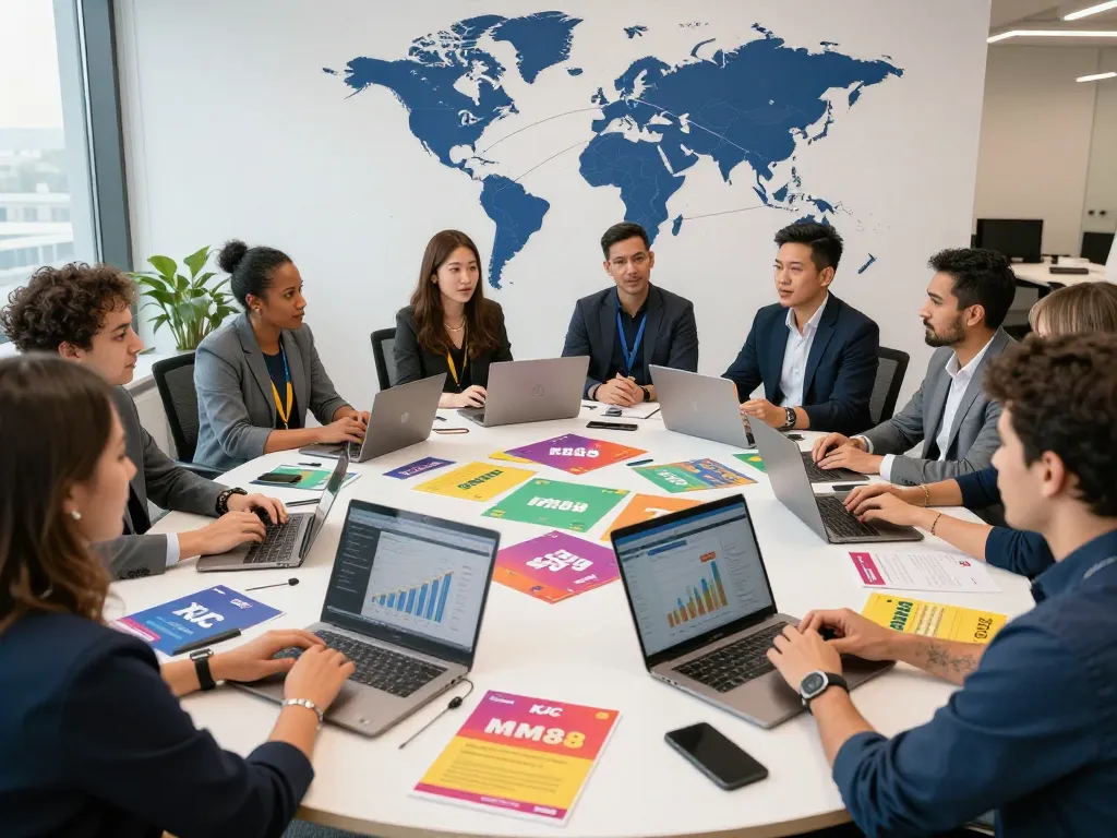 KJC team collaborating on international entertainment projects in a vibrant office.