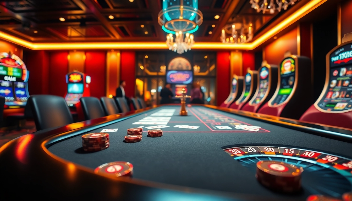 Engaged players at a luxurious casino featuring the branding of https://mmoo.de.com/, with tables, chips, and vibrant slot machines.