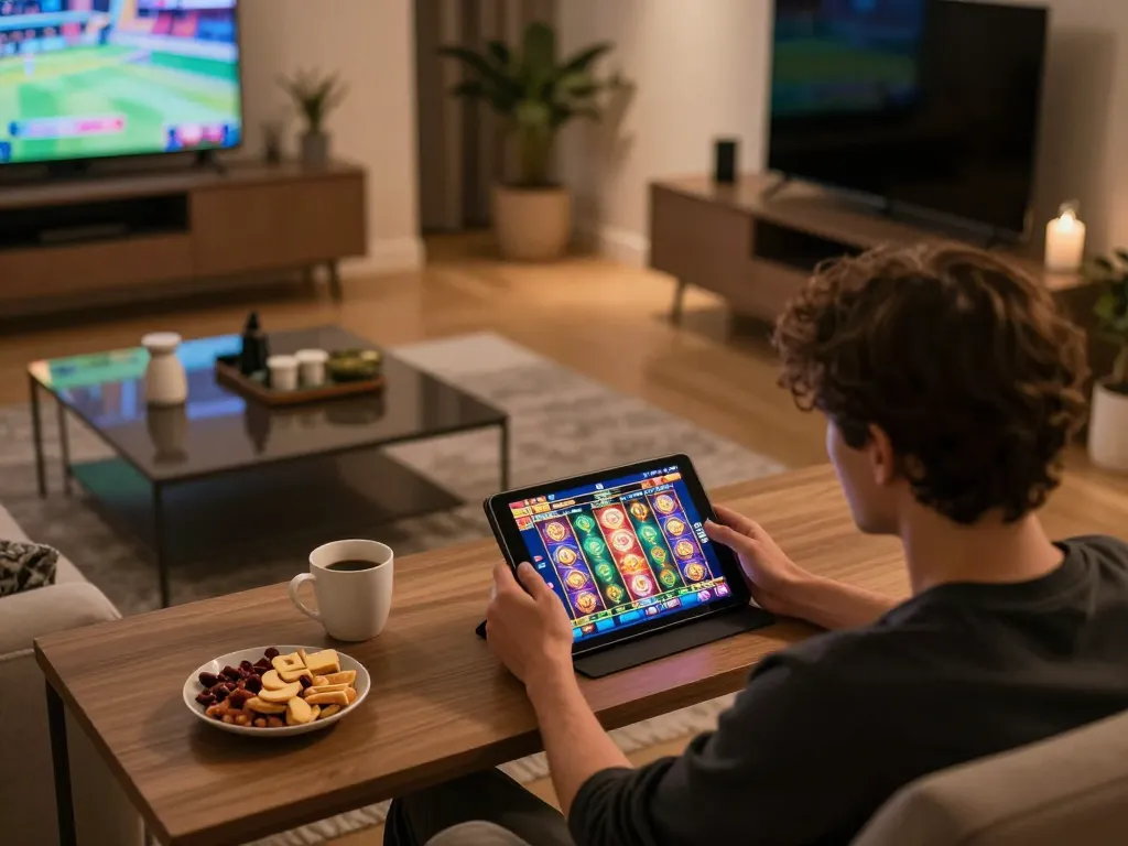 Person playing on vipwin2 online casino app on a tablet, showcasing vibrant slot game interface
