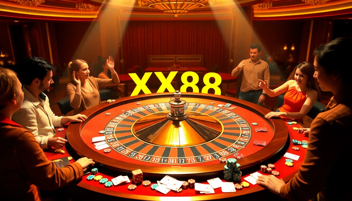 Players placing bets at a luxurious casino roulette table featuring vibrant XX88 graphics.