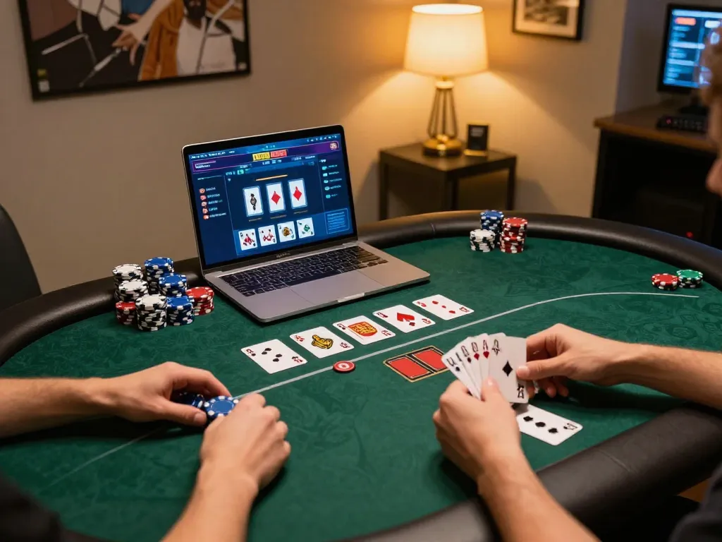 Engaged players enjoying poker on 888SLOT's online gaming platform, showcasing dynamic gameplay
