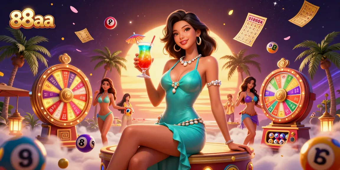 Experience dynamic 88aa gameplay: vibrant casino scene with lottery elements and prizes.