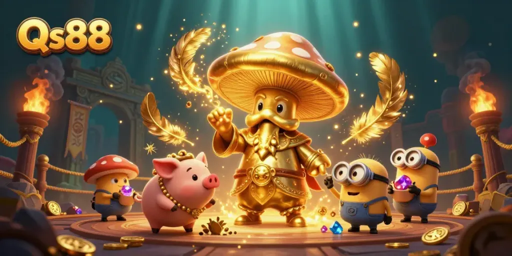 Experience Qs88's magic with a golden mushroom wizard and treasures in this vibrant casino scene.