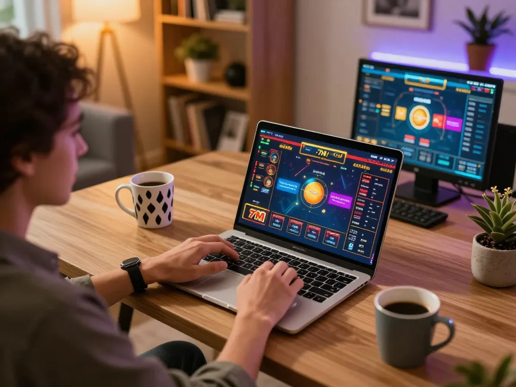 Person engaging in 7M online casino gaming on laptop, showcasing dynamic betting experience in a cozy home.