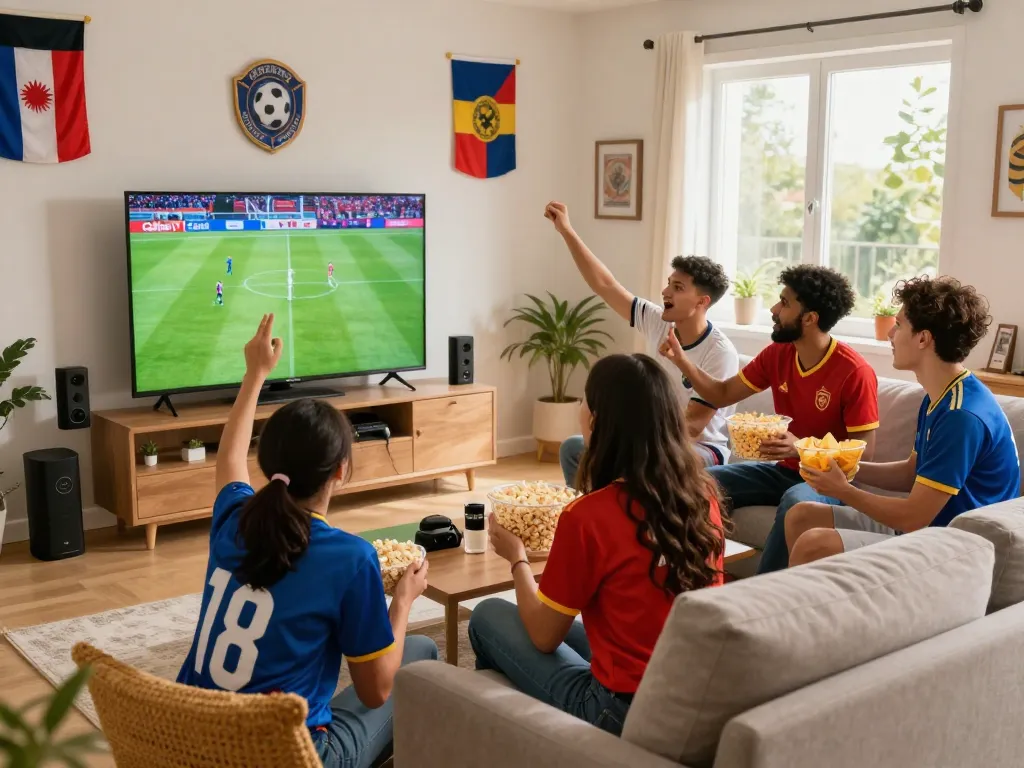 Friends enjoying a live soccer match on Cakhiatv, showcasing team spirit and excitement in a cozy setting.