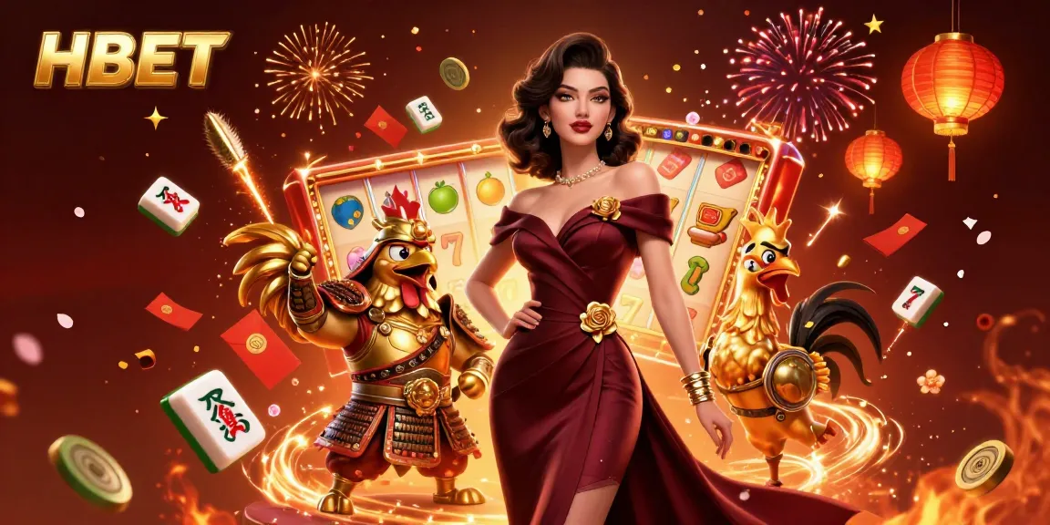 Engage with HBET's slot gaming via vibrant 3D illustration featuring exciting symbols and characters.