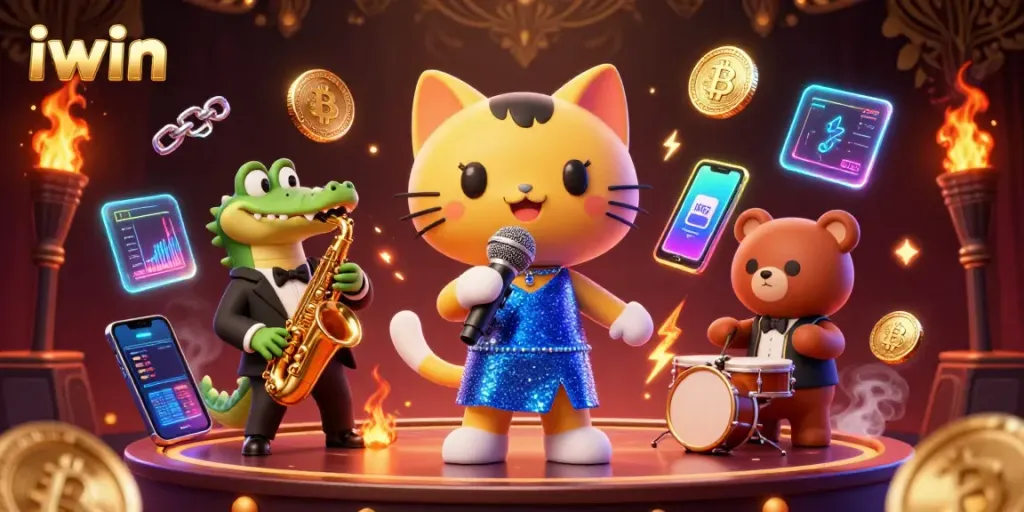Join the fun with iwin's colorful casino scene featuring lively characters and dynamic crypto elements.