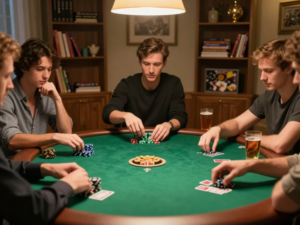 Players calculating strategies and placing bets in a lively home poker game scene showcasing Pragmaticplay.