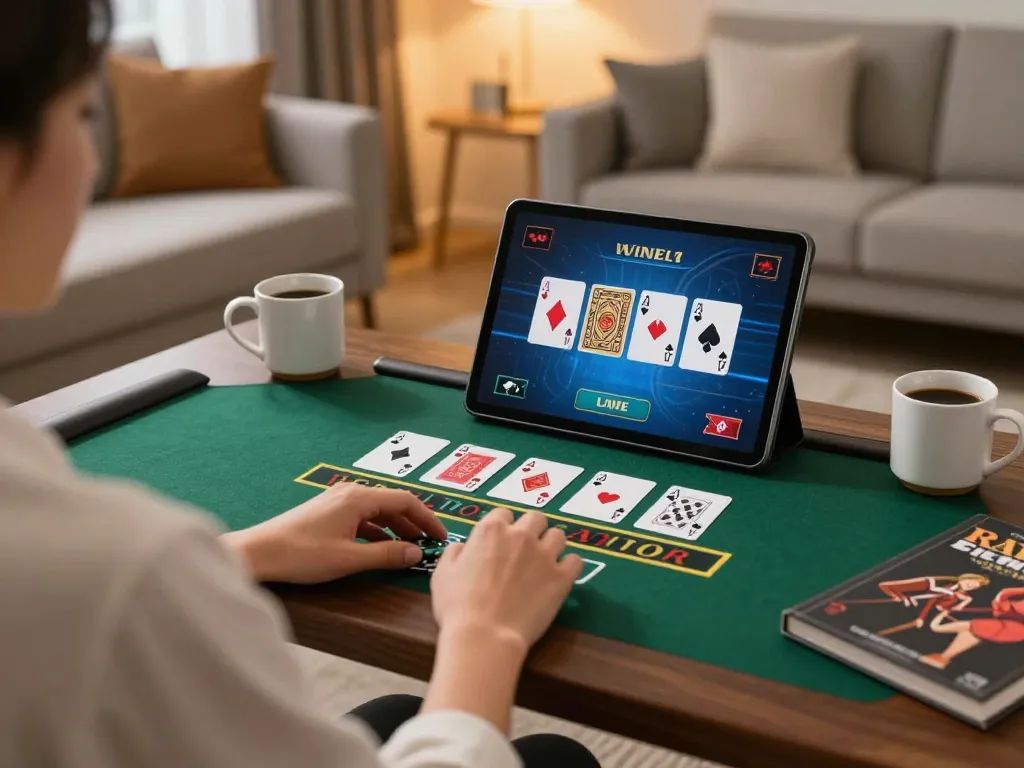 MM88 player enjoying a live dealer blackjack game on a tablet in a cozy living room setting