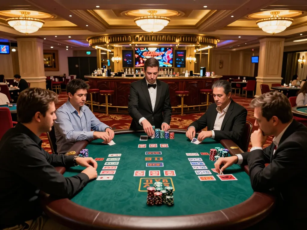 Players at a blackjack table engaging with Hoiquantv's expert strategies in an elegant casino setting