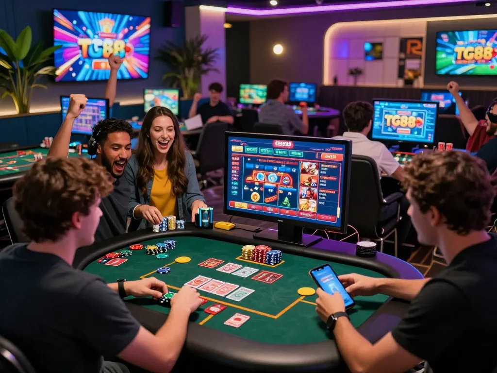 Exciting gaming experience at TG88, showcasing diverse players engaged in online betting and casino games.