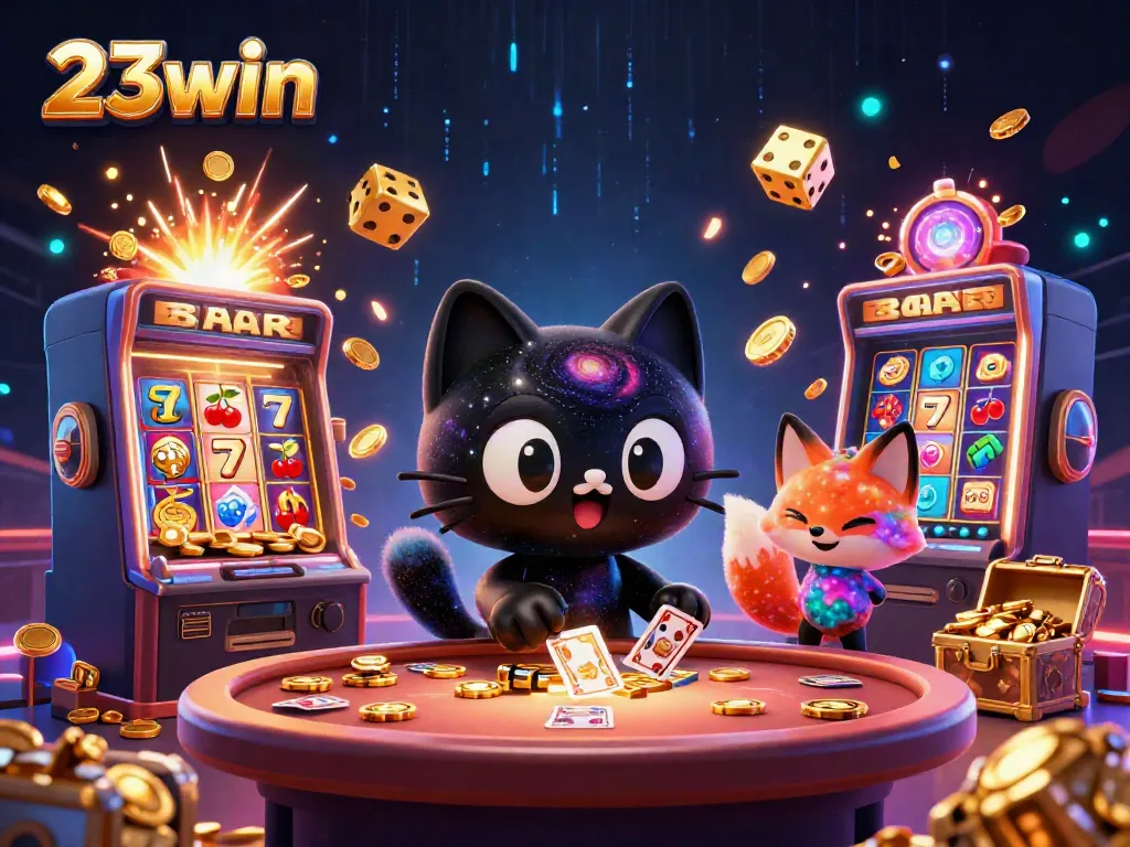 23win cat draws in casino chips and cards with cosmic charm amidst vibrant slot machines.