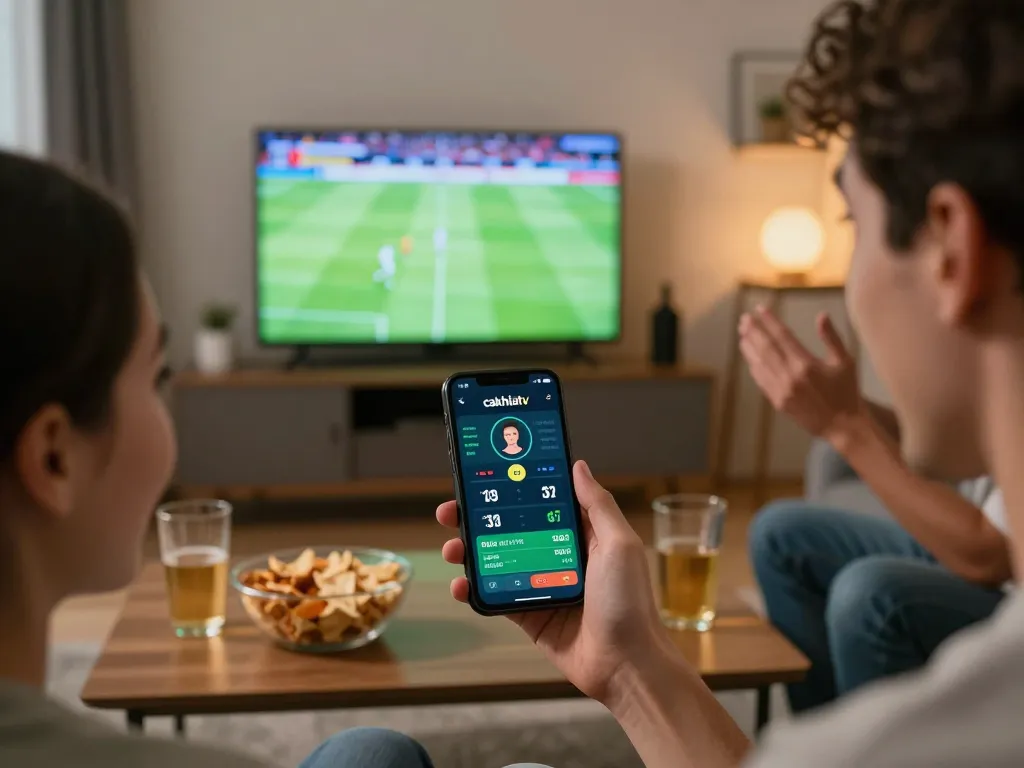Cakhiatv app displaying live sports betting while user watches a thrilling match in cozy setting.